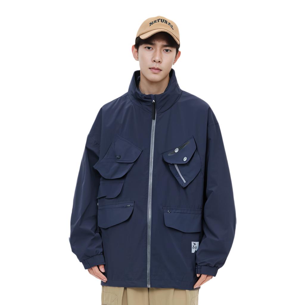 Li Ning Solid Color Loose Multi-Pocket Work Jacket Men Jackets Ink-Blue AJDT539-4