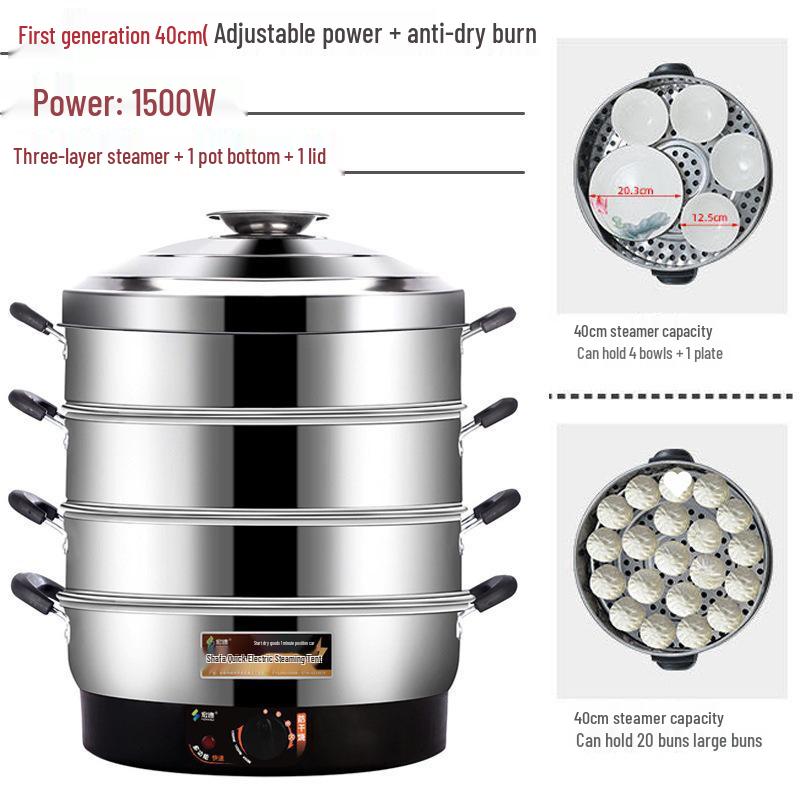 52cm Multifunctional Electric Steamer with Auto Shut-off, Keep Warm Feature, Stainless Steel, Three Layers