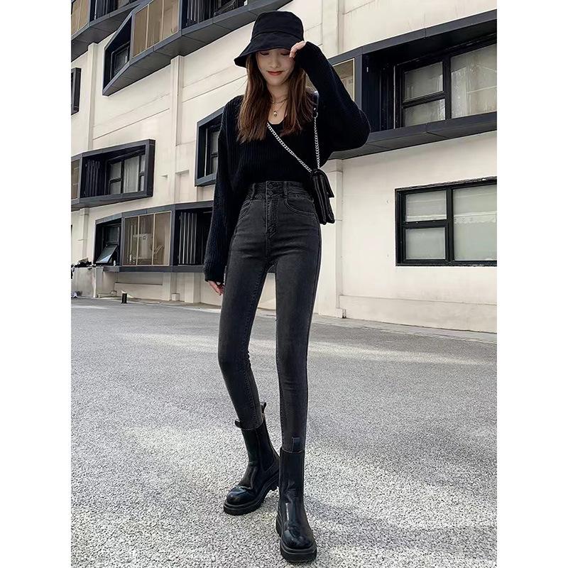 2025 Frühling Damen High-Waist Slim Fit Rauchgraue Fleecegefütterte Bleistiftjeans