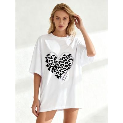 Übergroßes T-Shirt Schwarzes Herz Leopardenmuster Grafik Lockerer Schnitt Freizeitkleidung für Damen Sommer-Outfit Streetwear Mode Trendiges Oberteil