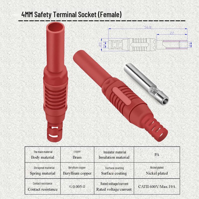 4mm Male to Female Banana Plug Test Extension Cord, Copper-Nickel Plated Connector, 32A Solderable Socket