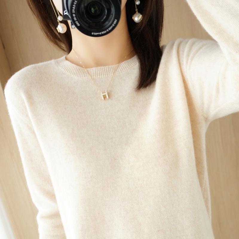 Dámský podzimní pletený svetr - Kulatý výstřih, Dlouhý rukáv, Jednobarevný, Všestranný volný střih