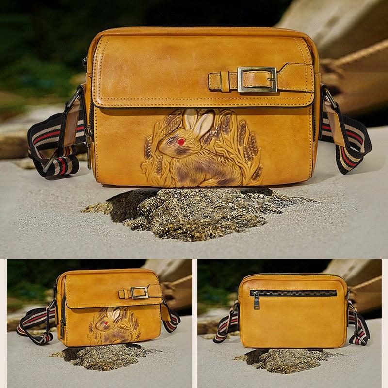 Rabbit Embossed Women Shoulder Bags Vintage Design Crossbody Messenger Bag Fashion Genuine Leather Handbags