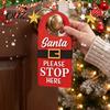 Front Door Decoration Christmas Hanger Sign with Santa Please Stop Here Text, Wooden Home Welcome Claus Belt Hanging for Holiday Party Decor