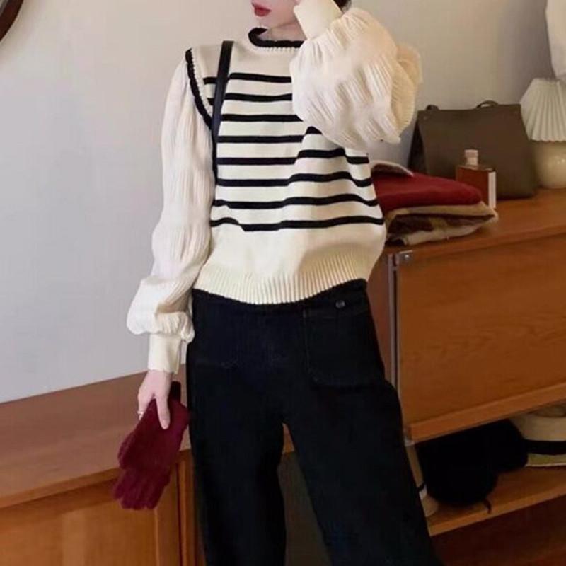 French Fake Two Piece Puff Sleeve Knit Top Women Spring Stripe Patchwork Cropped Round Neck Slimming Shirt