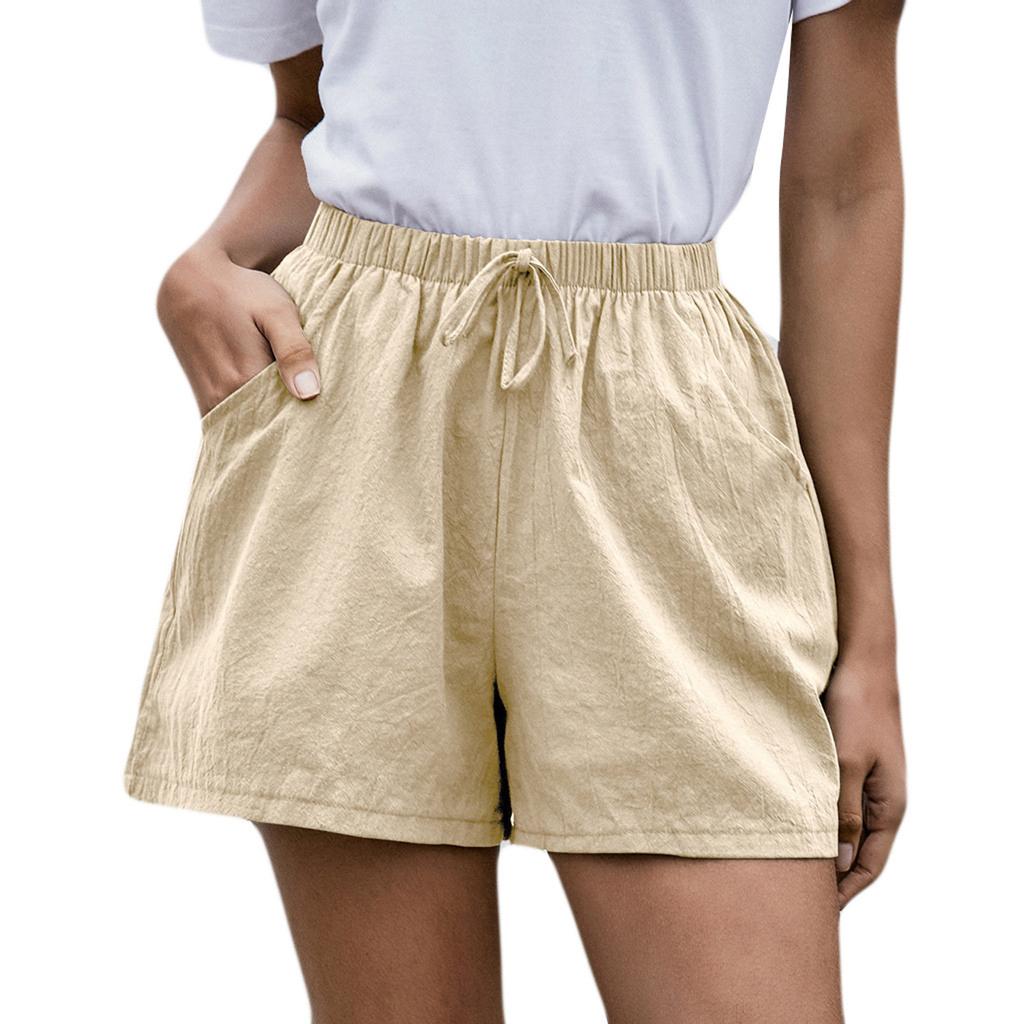 Women Solid High Waist Cotton And Linen Shorts Pants Casual Beach Shorts