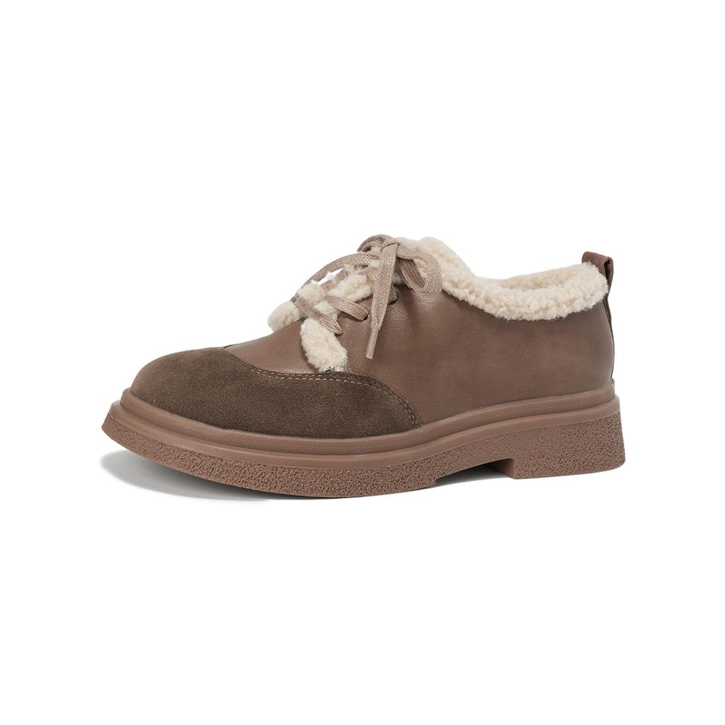 Platform Cotton Shoes Women's Thick Heel Retro Winter Plush Warm Fluffy Shoes Lace-up Small Leather Shoes