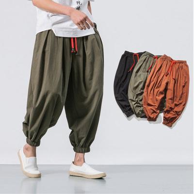 Chinesisch-Stil Japanisch-Stil Leinen Lässige Hose für Herren, 9 Zoll Locker, Weiter Beinschnitt, Enganliegend, Übergröße Radieschenhose und Lässige Haremshose