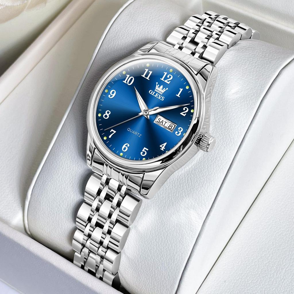OLEVS Analog Quartz Watch with Date and Day Popular for Women and Blue Silver and Stainless Steel Blue Women's Display, Waterproof, Stylish, Business,