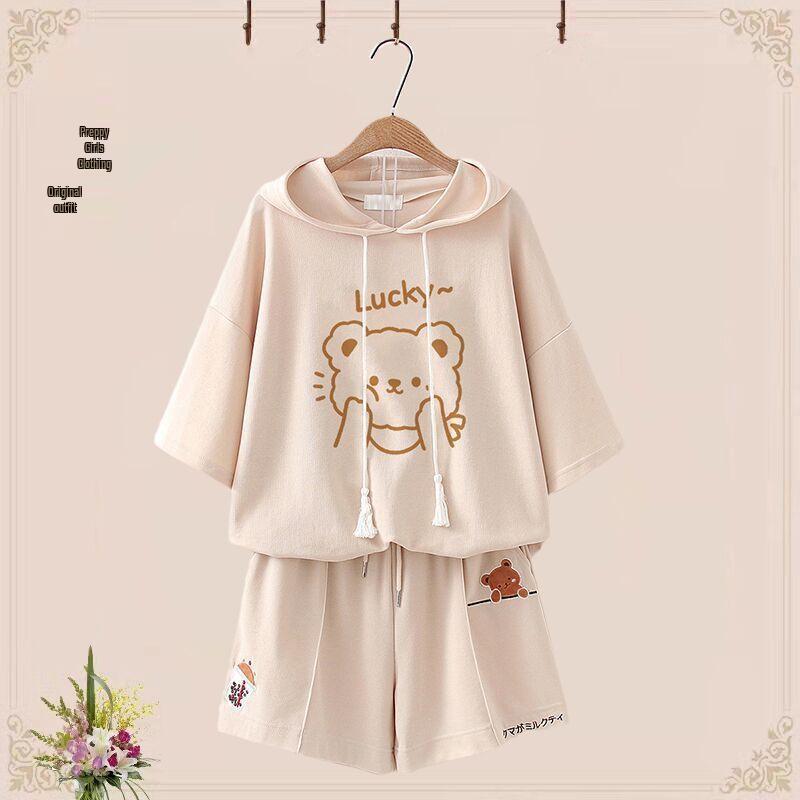 2024 Junior High Girls' Cute Bear T-Shirt & Shorts Set - Japanese Style