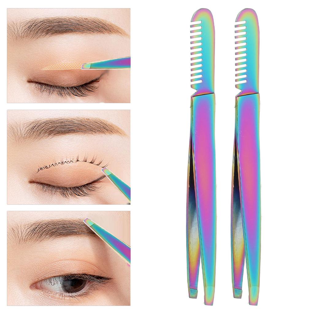2PCS Eyebrow Tweezers Dual Heads Firmly Clamp Comb Stainless Steel Eyebrow Trimming Tool