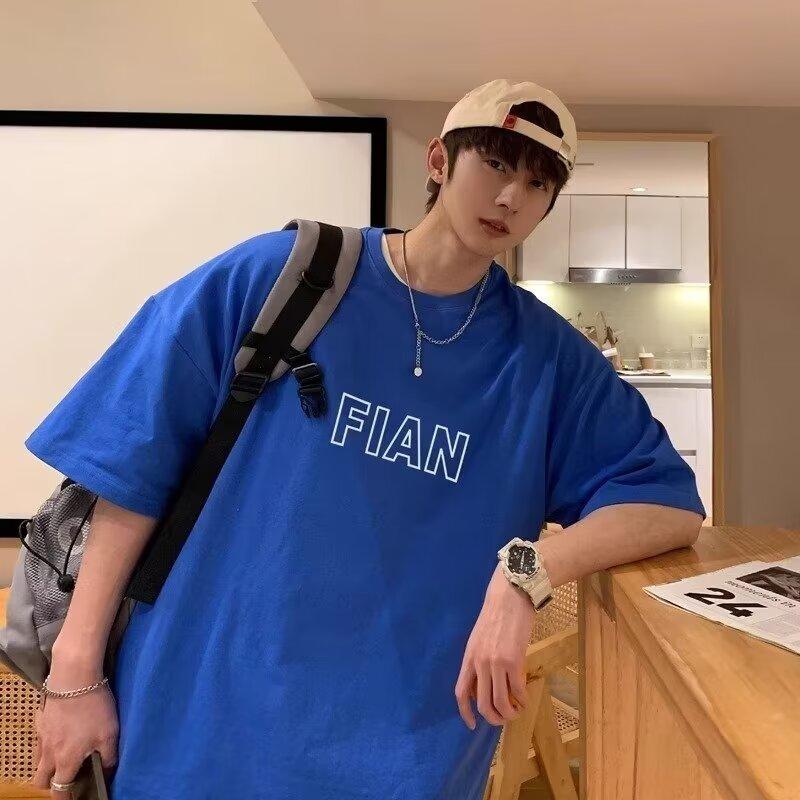 

Новая летняя футболка с короткими рукавами для мужчин, тренд в корейском стиле, простой топ с короткими рукавами, свободная повседневная брендовая футболка в гонконгском стиле 5XL темно-синий