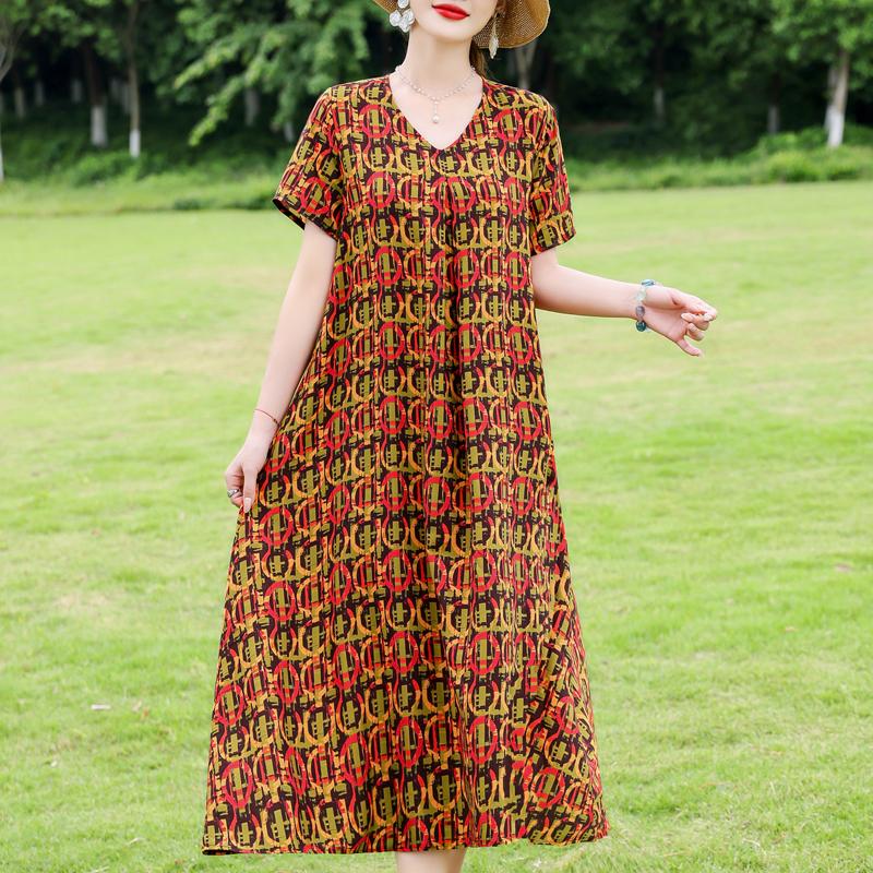 Elegant Women's Dresses Summer Vintage Clothes Plus Size Short Sleeve Casual Loose Long Dress