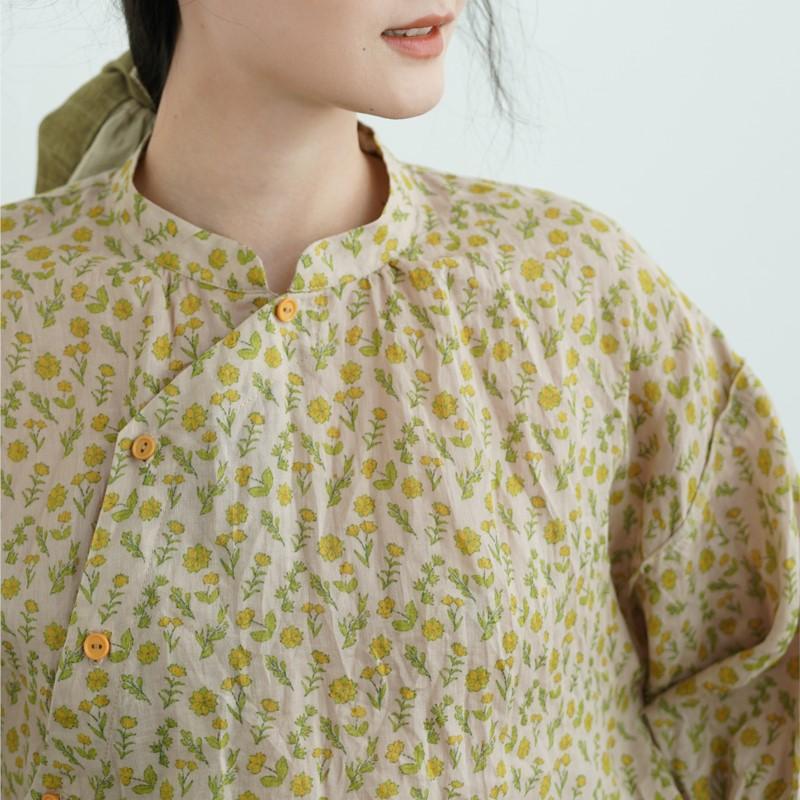 Johnature Women Vintage Print Floral Shirts Tops Stand Puff Sleeve Blouses Summer Chinese Style Female Shirts