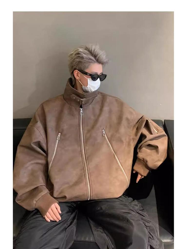 Men's Trendy Maillard Brown Leather Motorcycle Bomber Jacket with Lapel and Zipper