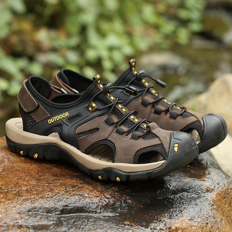 Outdoor Adventures, Men'S Breathable Hiking Sandals - Closed Toe, Fisherman Style, Black with Brown & Grey Accents