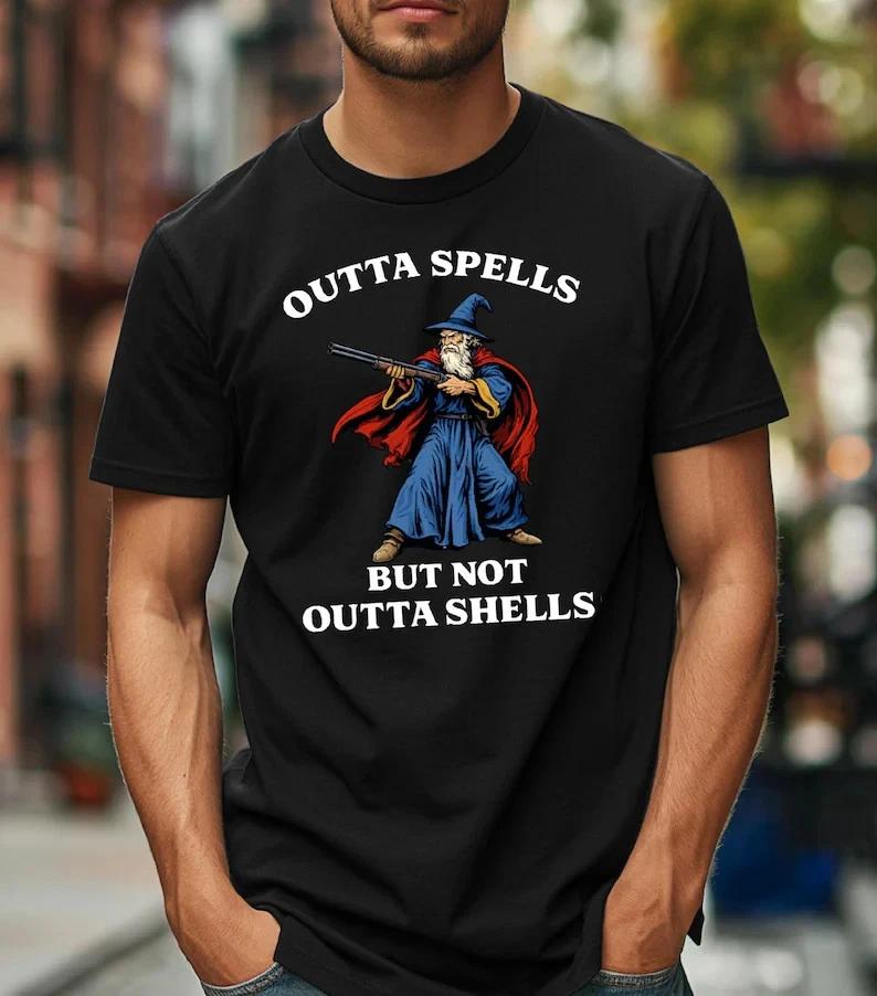 Out of Spells Not Out of Shells  Shirt, Wizard Humor Graphic Tee, Fantasy Magic M 4XL