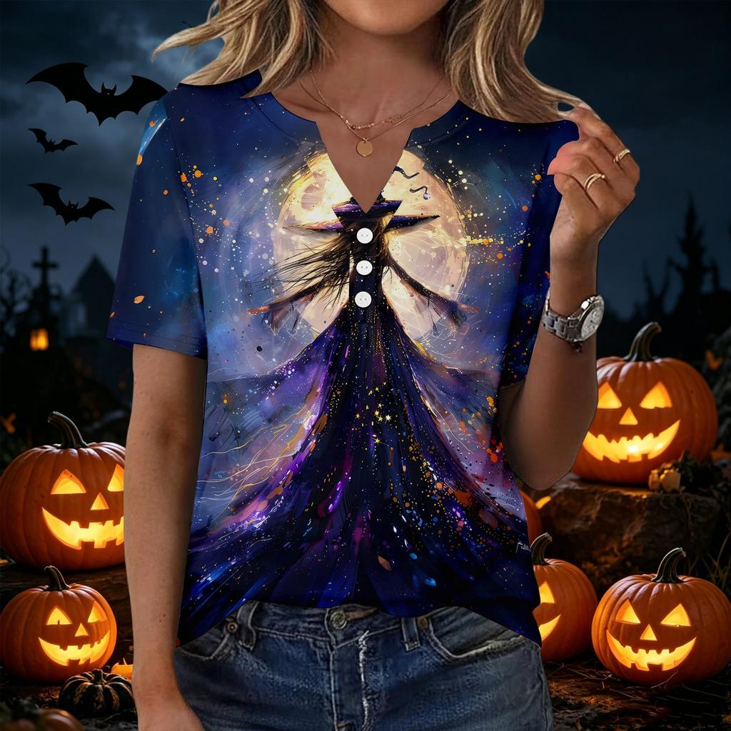 Womens Casual V Neck Short Sleeve Button T Shirt Halloween Pumpkin Witch Print Top Lightweight Comfortable Fit