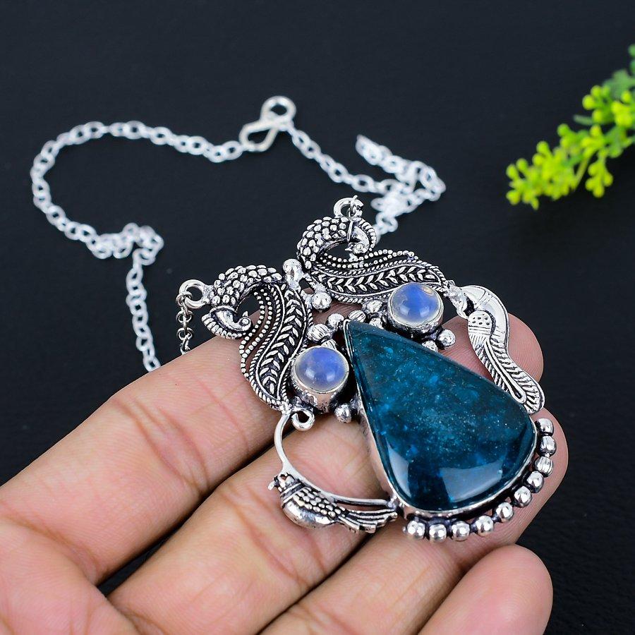 Natural Blue Tourmaline, Opal Handmade 925 Sterling Silver Necklace 18" t5C18