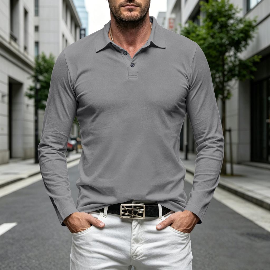 Men's Casual Loose Fit Long Sleeve Polo Shirt Button Collar Soft Fabric Comfortable Everyday Wear