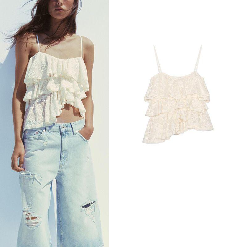 Summer New Arrival Sweet Asymmetry Vest Lace Laminated Decoration Sling round Neck Tops 4813344