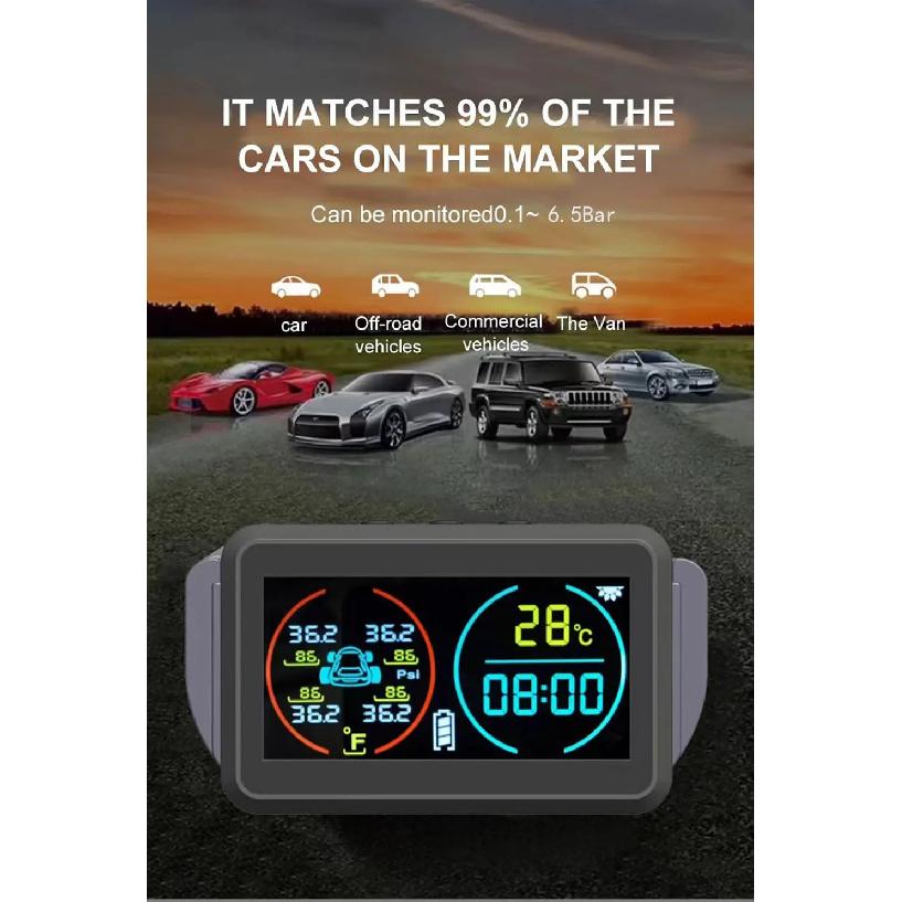 Smart Solar Power TPMS Car Tire Pressure Monitoring System Alarm Tyre Air Pressure Meter Gauge Temperature Warning 4 Sensors