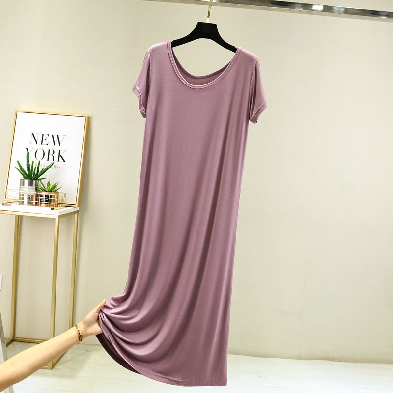 

Modal round Neck Dress Women s Spring Summer Outerwear Short Sleeve Dress plus Size Nightdress Mid Length Long Length Slimming Base Skirt Lite: Taro color M (recommended 40.00 kg-57.50 kg