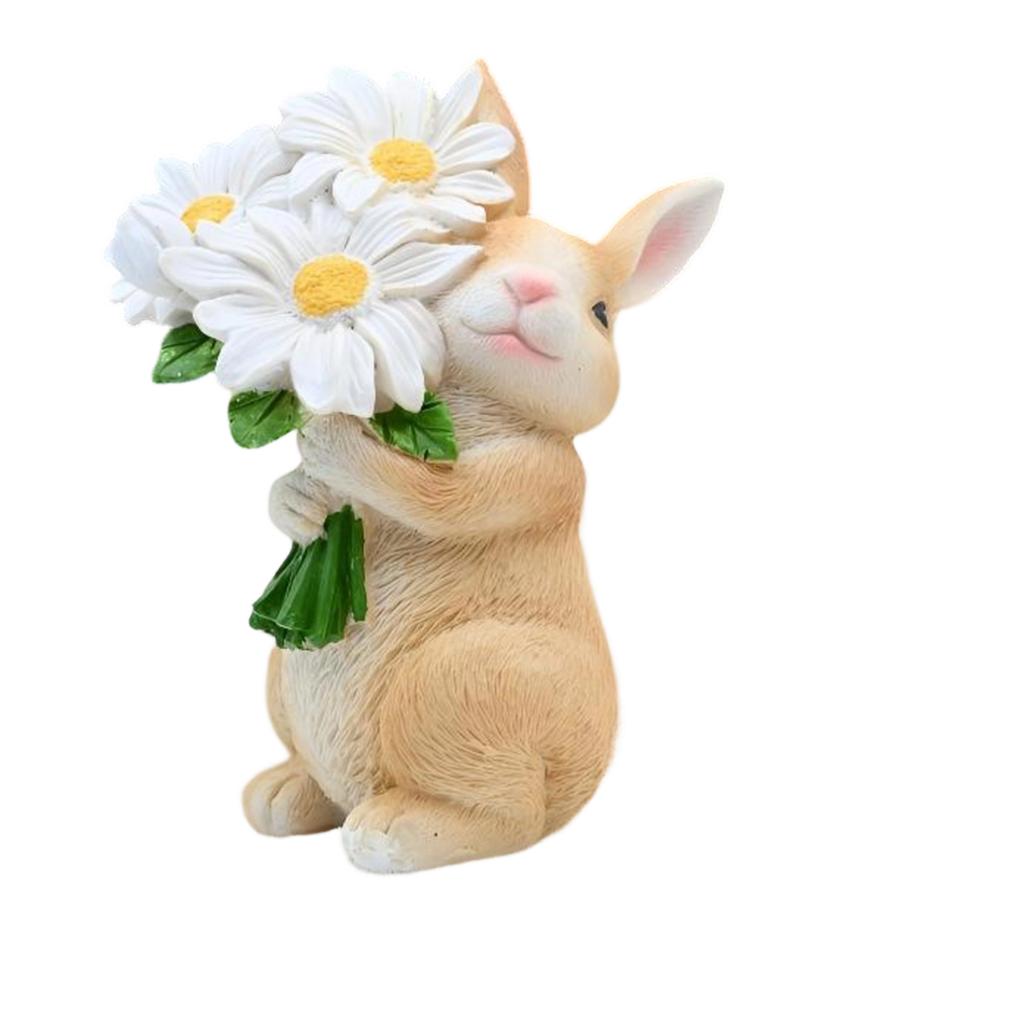 Easter Bunny Figurine, Resin Craft Ornament, Easter Gift, Holding A Bouquet Of Flowers.