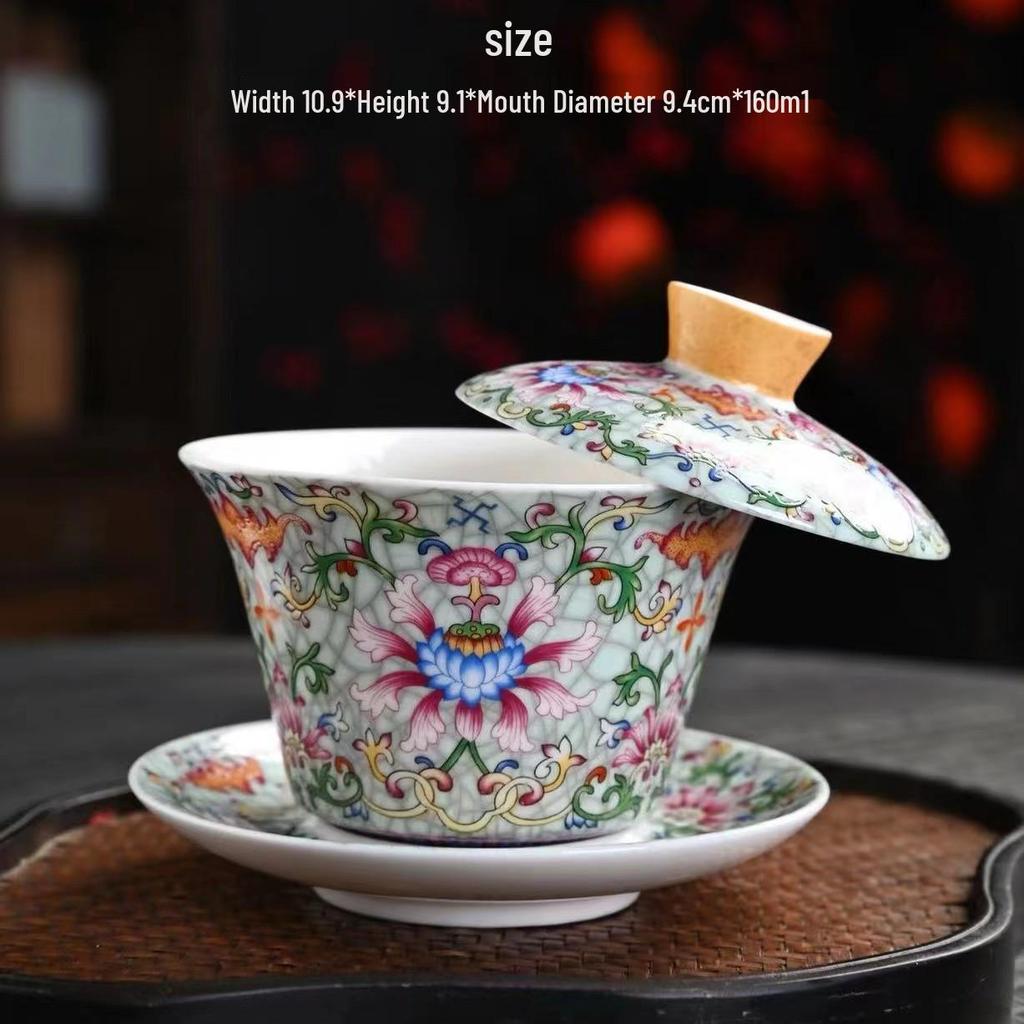 Rotating Sancai Gaiwan: Enamel Color Mutton Fat Jade Porcelain Tea Bowl with Lid for Kung Fu Tea Brewing.