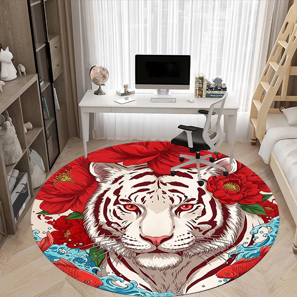 1pc Tiger Floral Pattern Chair Carpet for Office, Round Non-Slip Durable Large Size Office Carpet, Suitable for Office, Beautiful Decoration