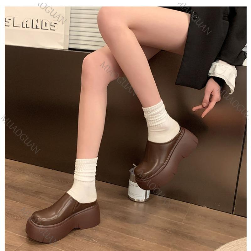 Pantoufles d'été à semelle épaisse rehaussante pour femmes, printemps automne, à porter à l'extérieur, talon haut, bout fermé, demi-pantoufles décontractées marron noir, mules, claquettes