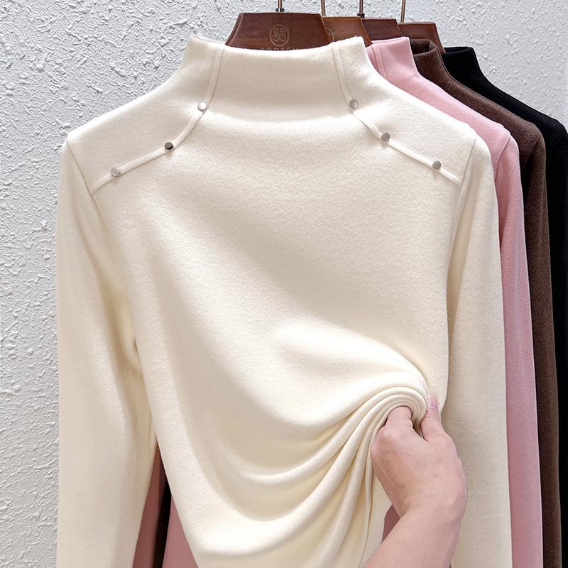 Double-sided German velvet semi-turtleneck bottoming shirt for women's autumn and winter models with velvet thickened warm long-sleeved top