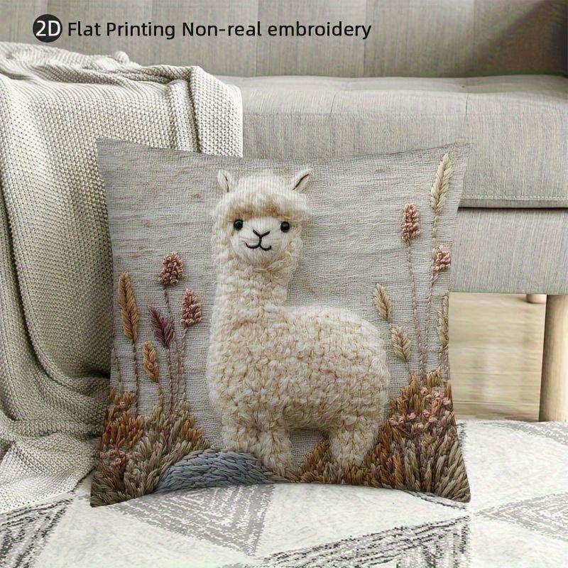 2D Flat Printing Vintage Alpaca Embroidery Throw Pillow Cover -Non-real Embroidery, Soft Plush Polyester