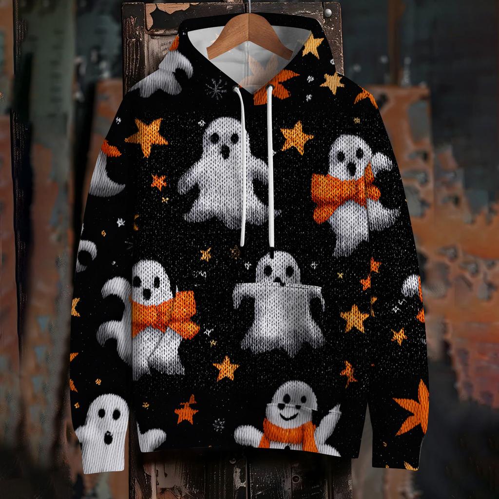 Dámská módní mikina s dlouhým rukávem, pulovr, potisk Halloween, s kapucí a kapsou