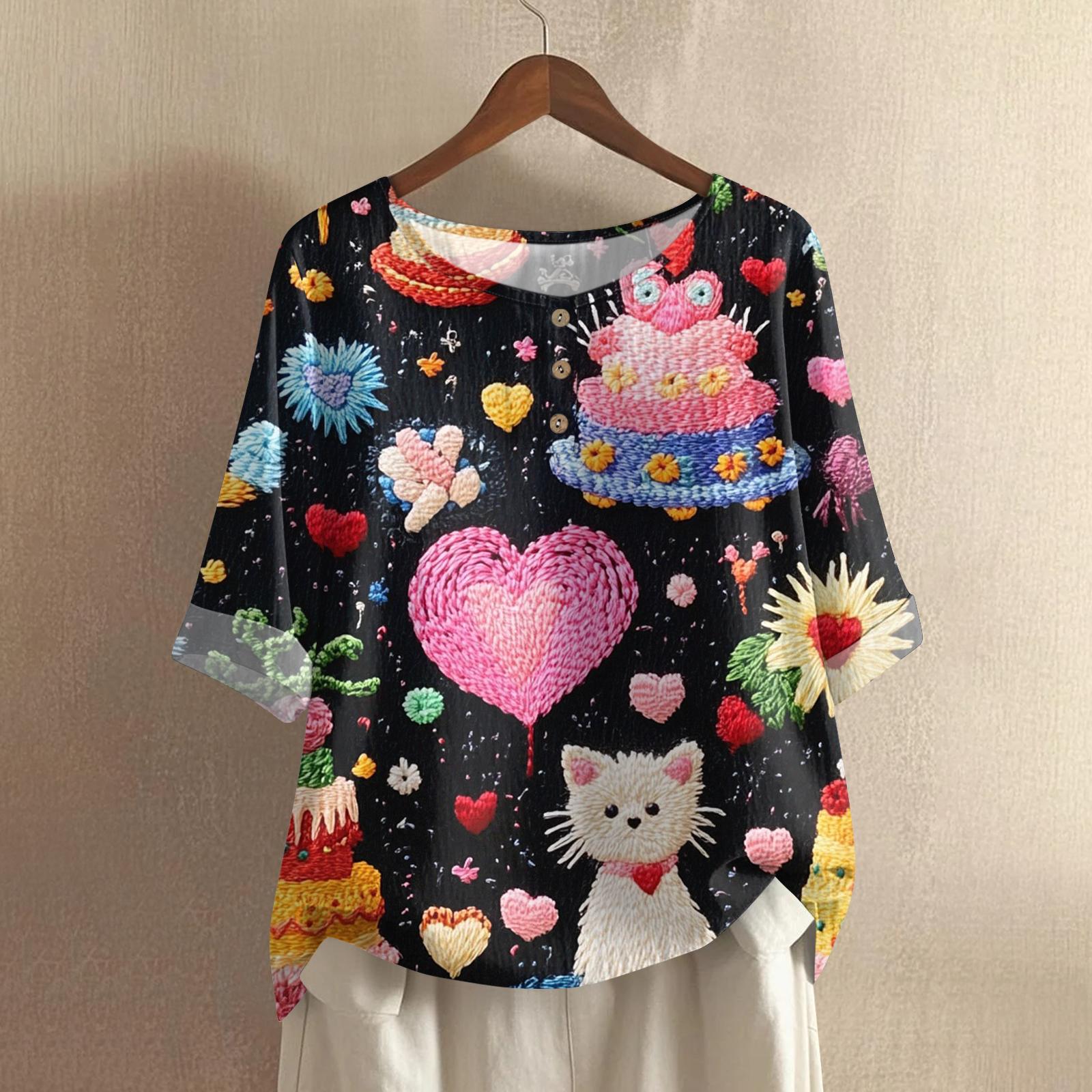 

Women s Casual And Comfortable Mid-Length Round-Neck Fashion Print Cotton-Linen Top M