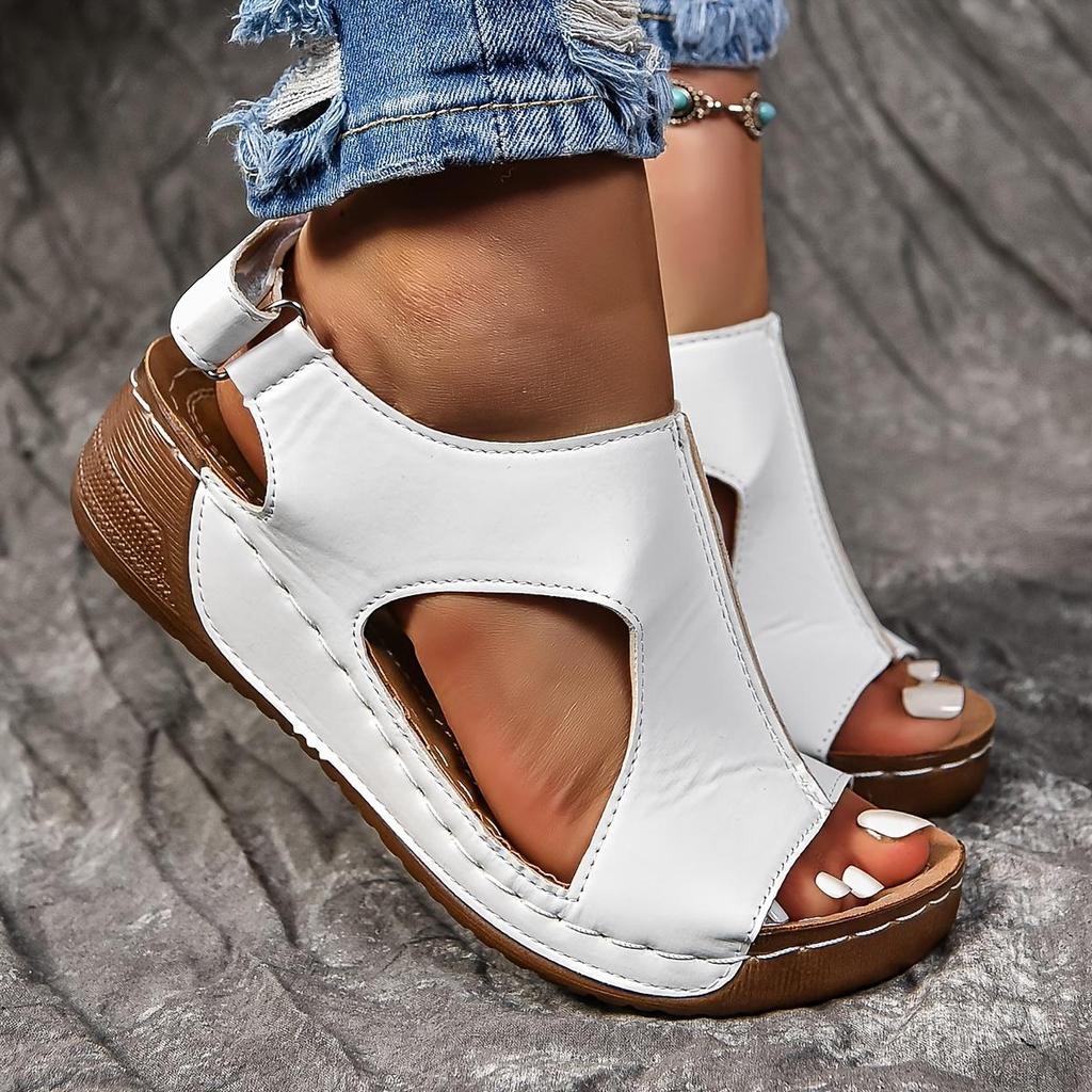 Women's Solid Color Wedge Heeled Sandals, Casual Open Toe Platform Shoes, Comfortable Ankle Strap Sandals