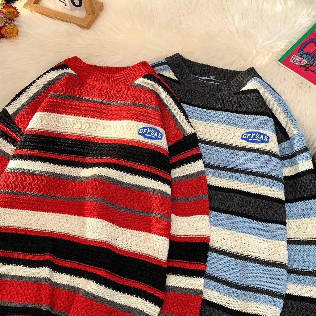 Men's Trendy Autumn Striped Knit Pullover Sweater, Casual Loose Fit, Round Neck, Long Sleeve