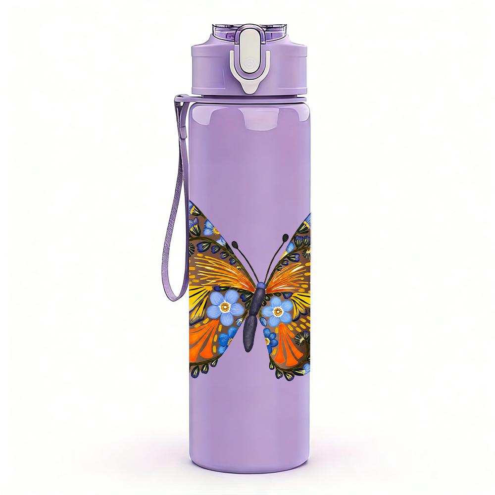 1PC Colorful Tropical Butterfly 750ml Color Plastic Sports Water Bottle Leakproof Flip Straw Lid Suitable for Sports Office Home Use