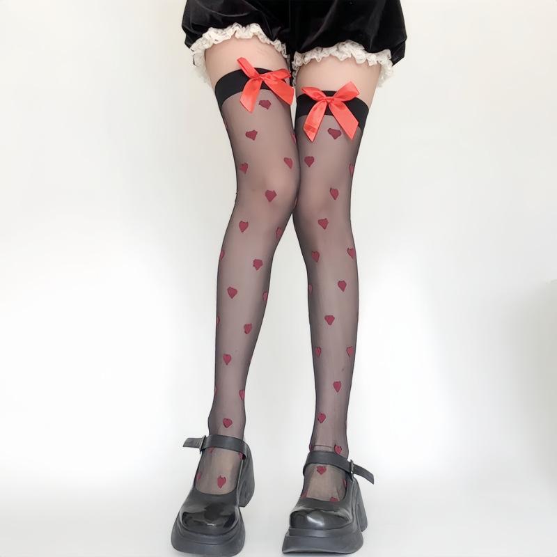 Love Bow Black Silk Knee Socks Sweetheart Red High Thighs Socks Women'S Pure Legs Stockings