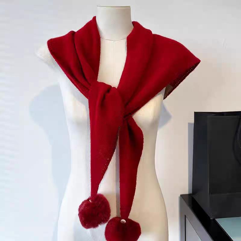 Women S Warm Knit Triangle Scarf With Pom Pom Korean Style Versatile Fashion Scarf