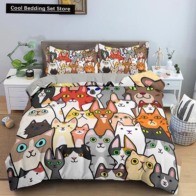 Cartoon Cat King Queen Duvet Cover Colorful Lovely Animal Bedding Set Kids Pet Kitty Quilt Cover Soft Polyester Comforter Cover