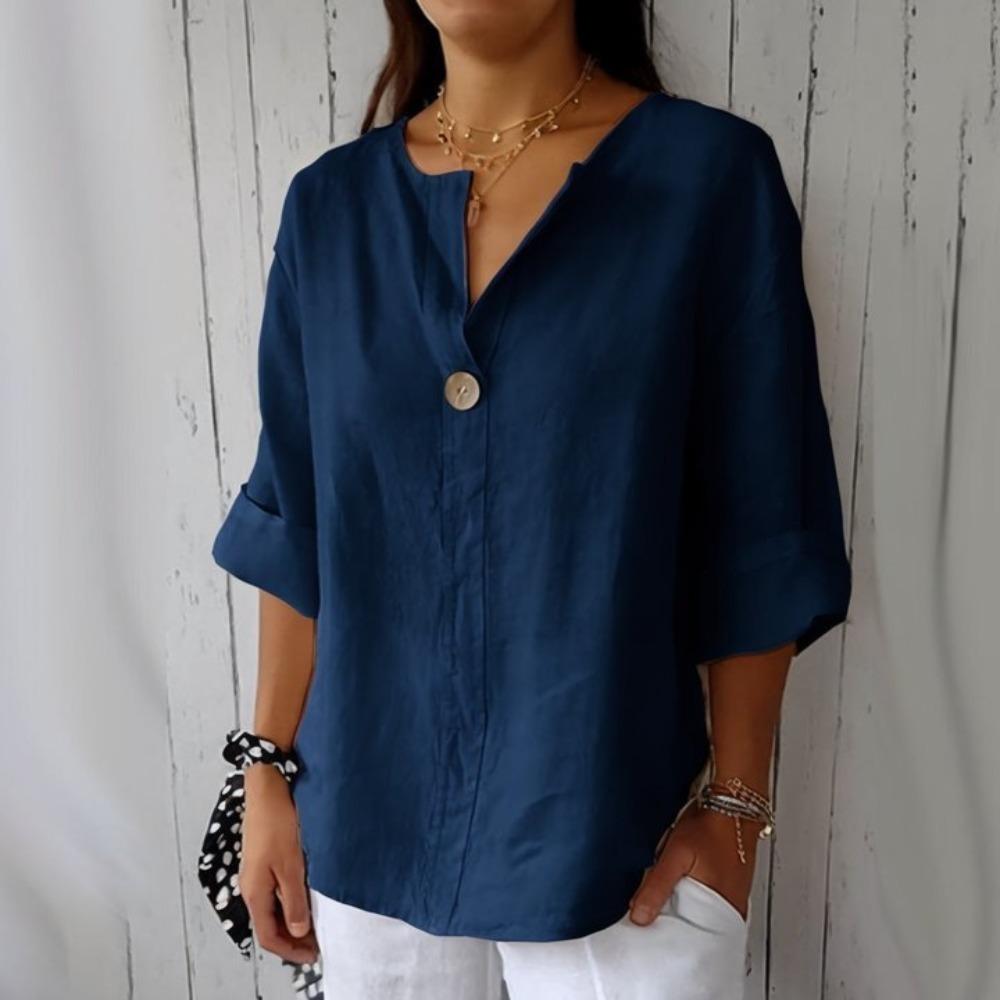 Sommer lockeres T-Shirt für Damen mit V-Ausschnitt, Baumwoll-Leinen-Stoff, mit Knöpfen auf der Vorderseite.