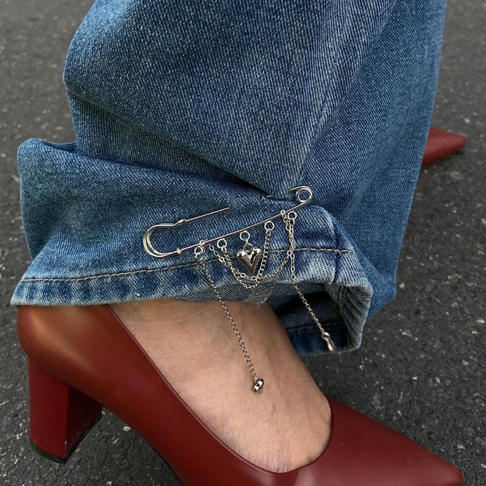 Heart-shaped Pendant Trouser Chain Detachable Tassel Trouser Leg Decorative Brooch Button Tightener Adjustable Fixed Clothes Pin