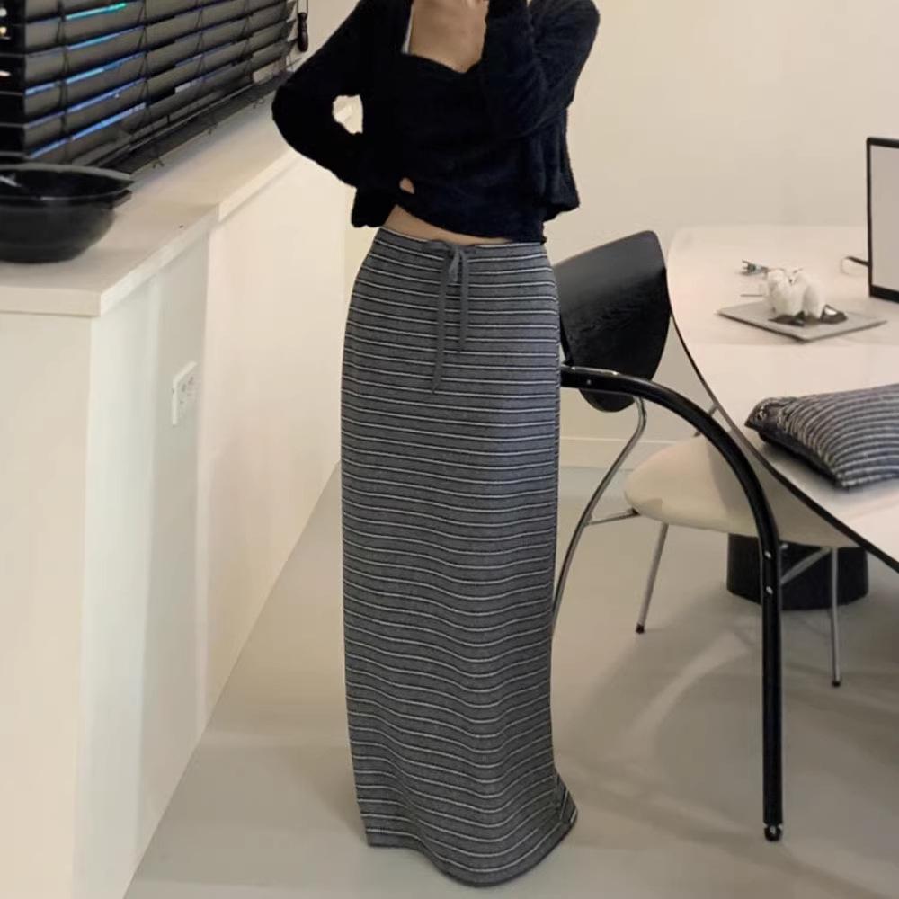 Korean Striped Color Block Lace-up Long Skirt - Spring/Autumn 2026 Collection
