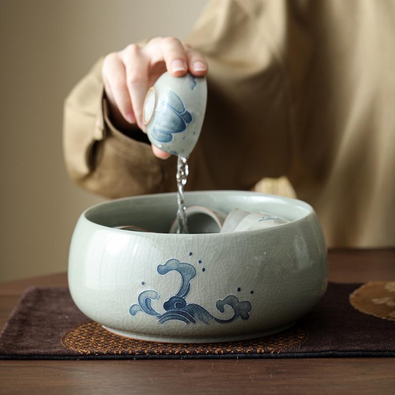 Glazed Hand-Painted Ge Kiln Jianshui Ceramic Extra Large Tea Washing Tea Residue Tank Water Tank Household Tea Set Tea Cup Washing Storage Bowl