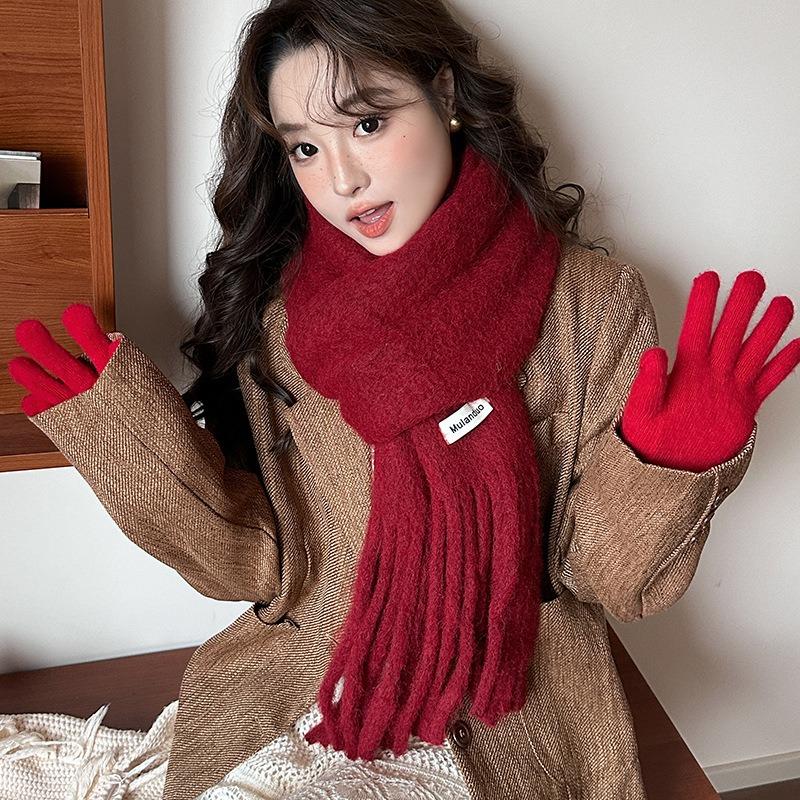 Ankara red wool Christmas solid color wool scarf women's winter high-end atmosphere shawl