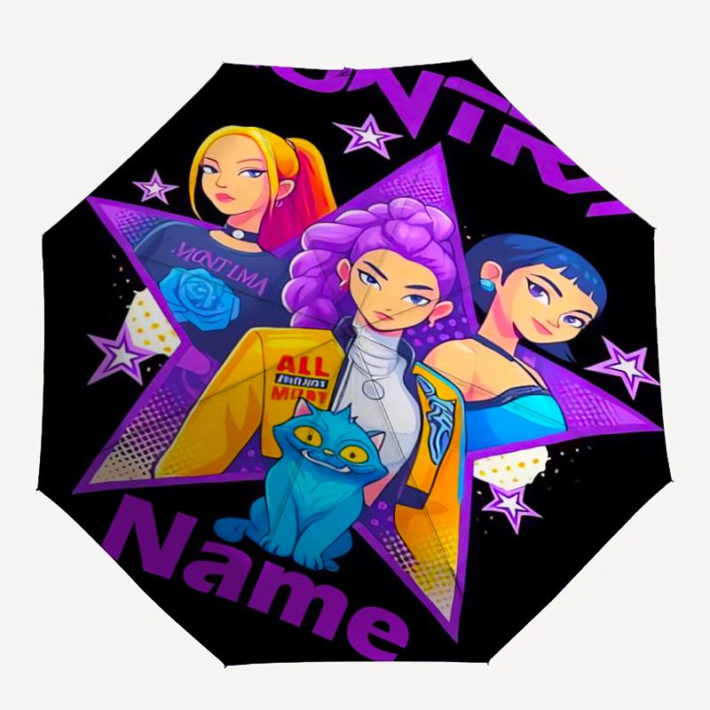Ombrello Automatico Personalizzabile con Nome, Tema Cacciatori di Demoni KPop, Leggero e Portatile, 8 Stecche, Perfetto per Viaggi all'Aperto, Compleanni, Natale, Regali.
