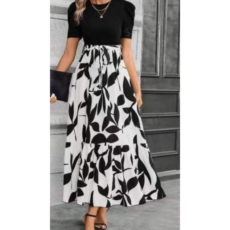 Women Leaf Print Midi Dress, Puff Short Sleeve Crew Neck Wrap Waist Ruffle Hem Long Sundress, Elegant Split Flowy Vacation Casual Party Outfit