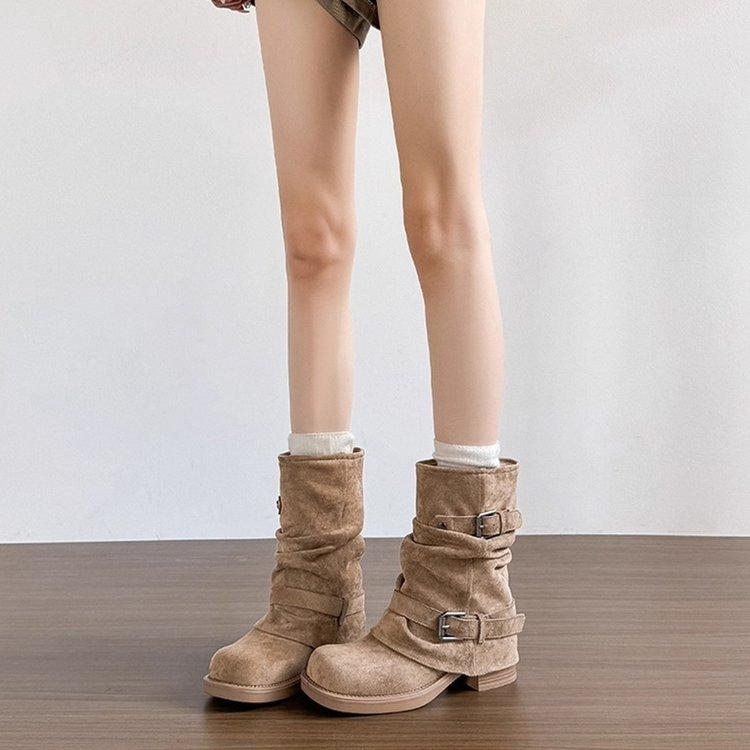 Thick-soled Western Cowboy Pleated Piled Boots Women's Autumn and Winter Retro Knight Thick Heel Trousers Short Boots Women