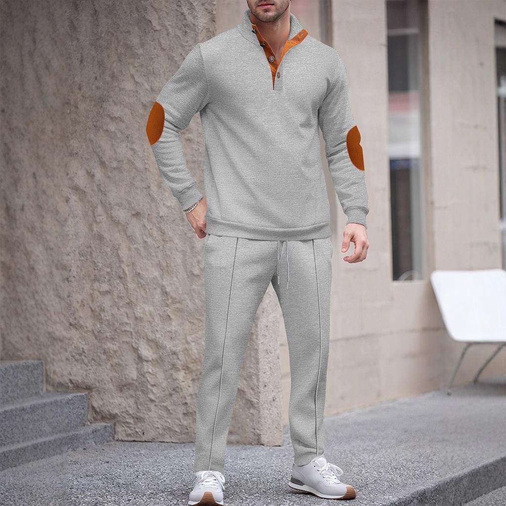 Men'S Stand Up Collar Button Casual Long Sleeved Shirt Long Pants Sports Suit